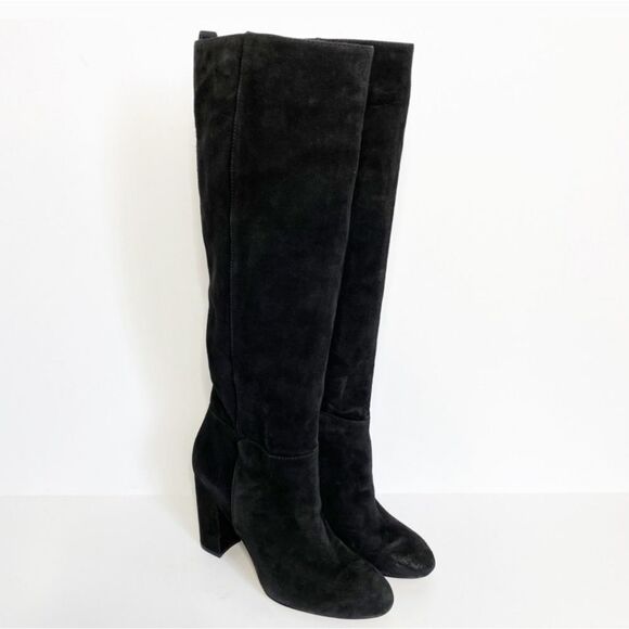Sam Edelman Caprice Black Suede Knee-High Pull On Block Heel Almond Toe Boot 7.5 - Picture 6 of 11